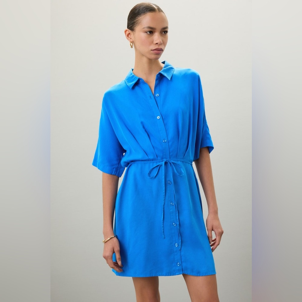 Thakoon Women’s Tie Waist Short Sleeve Blue Mini Shirt Dress Size 8